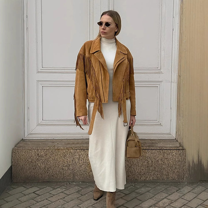 Suede jacket for women with fringe details and an adjustable belt Lune London