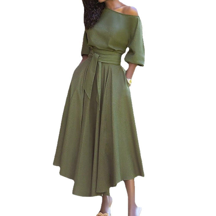 Elegant midi dresses for women with an off-shoulder design and a belt at the waist Lune London