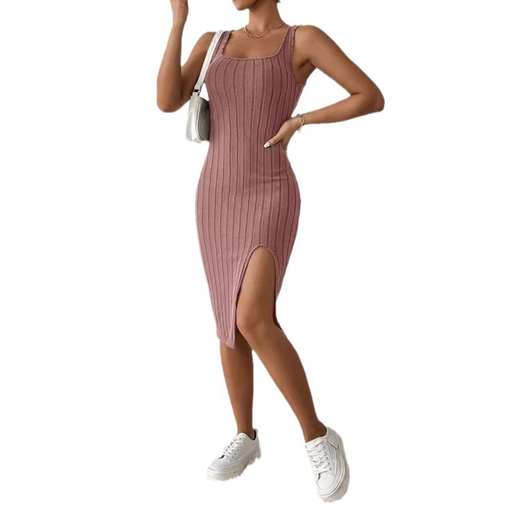 Fitted ribbed dress for women with side slit and square neckline Lune London