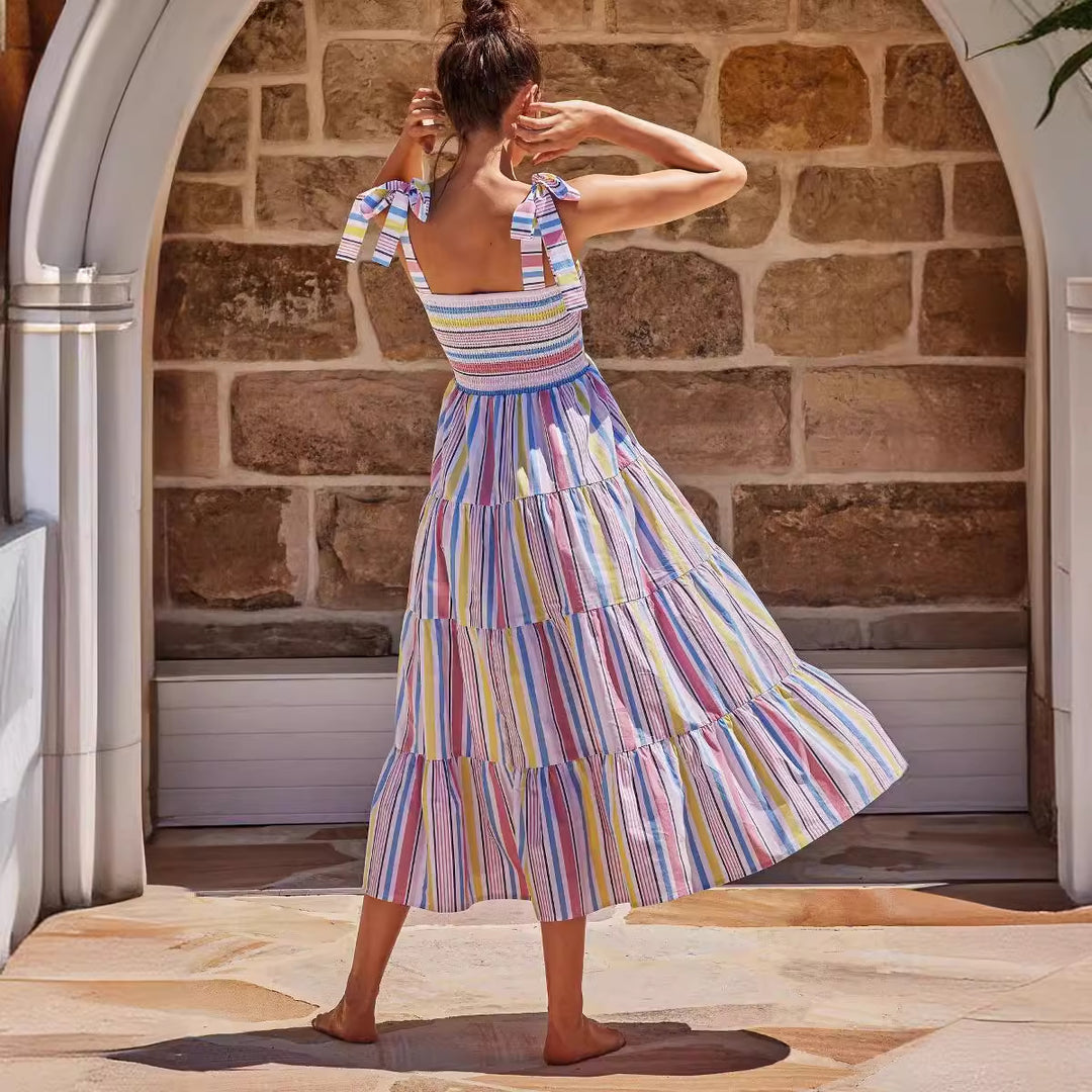 Chic & Stil Women's Airy Maxi Dress with Elastic Top and Striped Ruffles