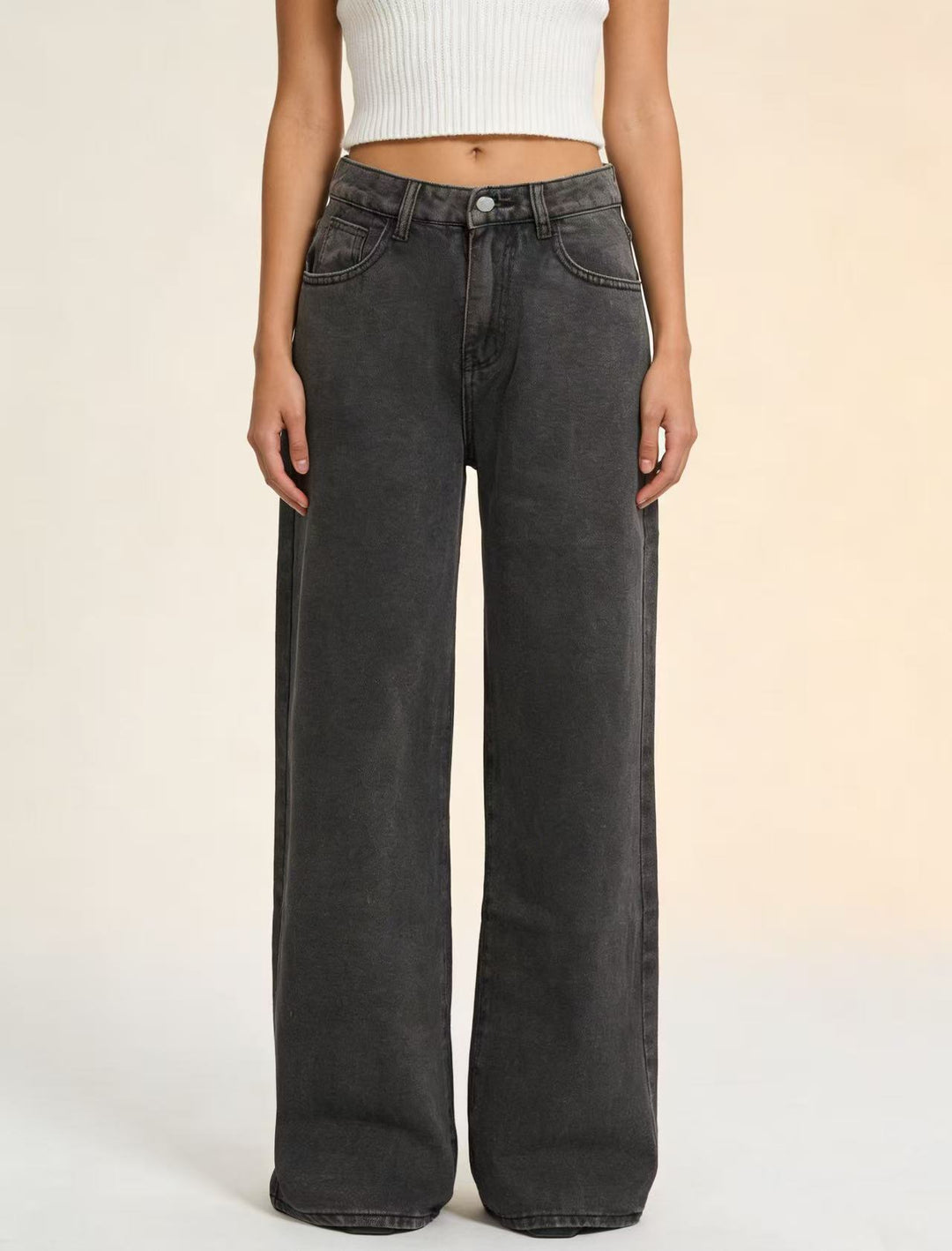 Women wide denim pants with vintage wash and high-waisted waistband Lune London