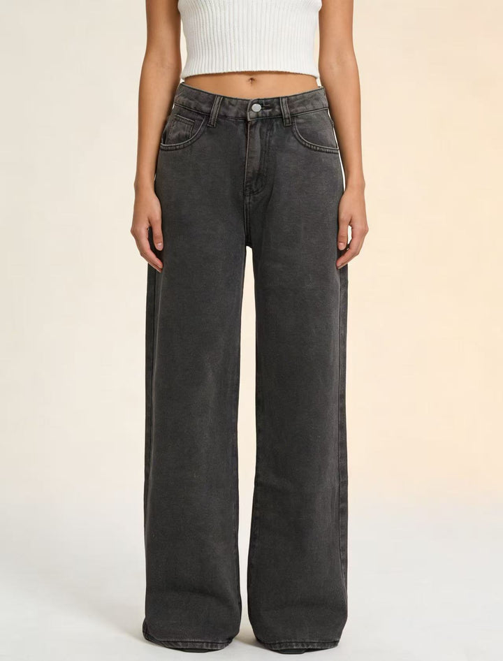 Women wide denim pants with vintage wash and high-waisted waistband Lune London