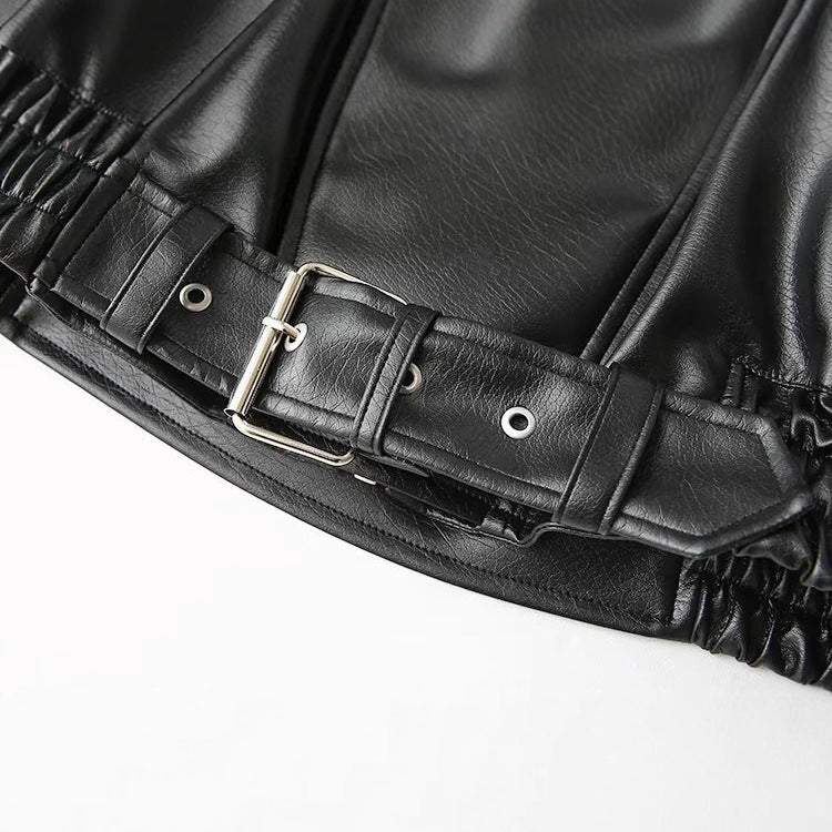 Ladies elegant faux leather jacket with high collar and belt at the waist Lune London
