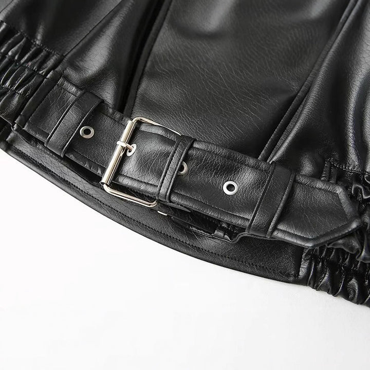 Ladies elegant faux leather jacket with high collar and belt at the waist Lune London