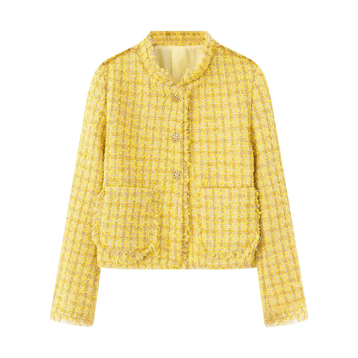 Ladies elegant short jacket in textured fabric with golden buttons Lune London