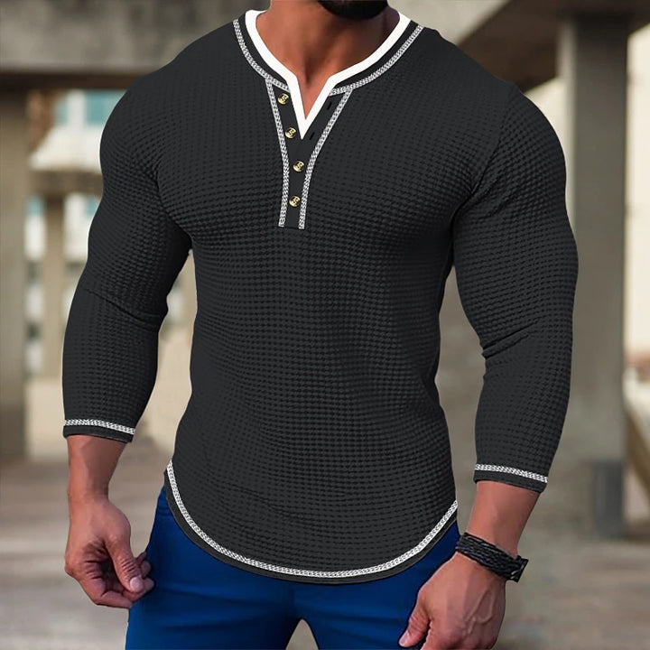 Men's long sleeve Henley shirt with textured design and button placket Lune London