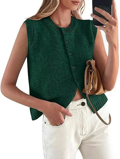 Women's Casual Knitted Vest with Button Placket and Round Neck Lune London
