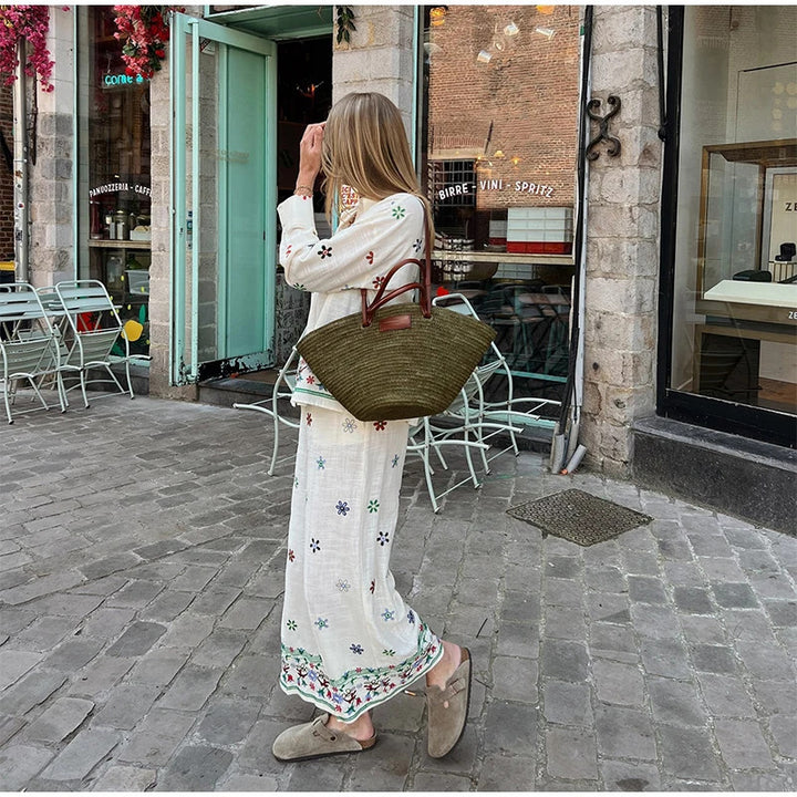 Women Elegant and Casual Wide Fabric Trousers with Embroidered Floral Design Lune London