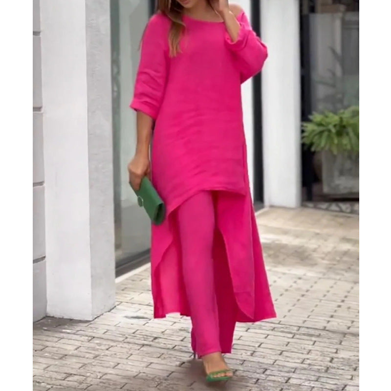 Asymmetrical elegant linen tunic set for women and Lune London pants