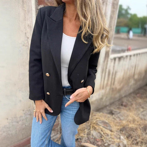 Ladies Elegant Double-Breasted Blazer with Textured Fabric and Gold Buttons Lune London
