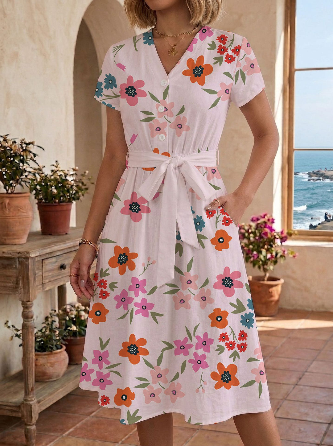 Women's casual maxi dress with adjustable knot and decorative check pattern Lune London
