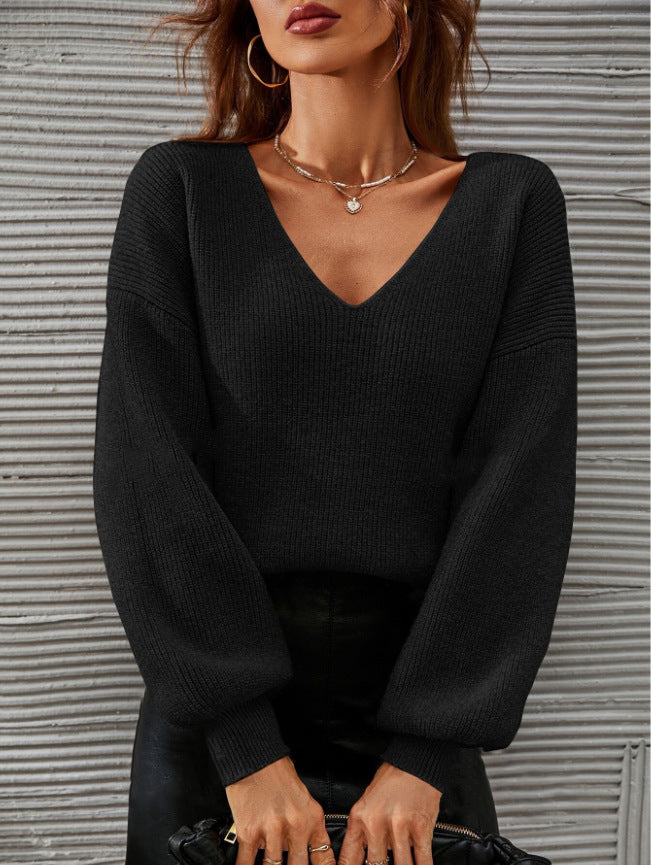 Pull femme à col en V avec une coupe décontractée et des manches ballon à la mode Chic & Stil