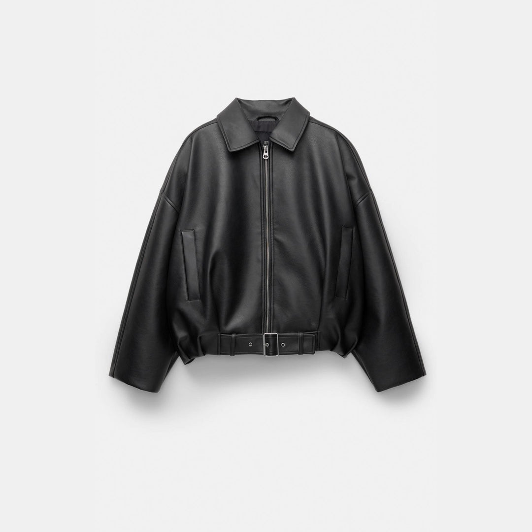 Casual faux leather jacket for women with wide collar and belt Lune London