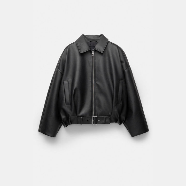 Casual faux leather jacket for women with wide collar and belt Lune London
