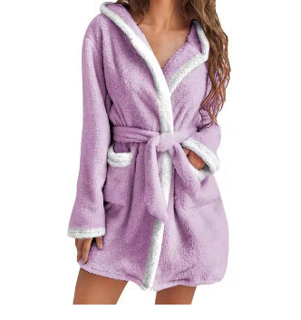 Ladies Cozy Fleece Bathrobe with Hood and Practical Pockets Lune London