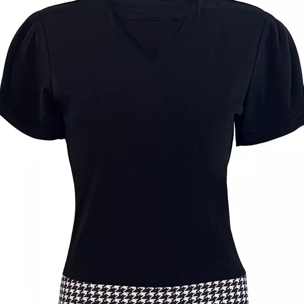 Women's cocktail dress with an elegant V neckline and a chic and stylish graphic plaid pattern