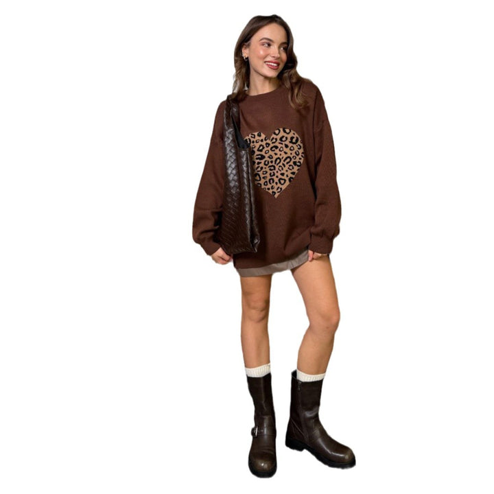 Oversized knit sweater for ladies with leopard heart pattern Lune London