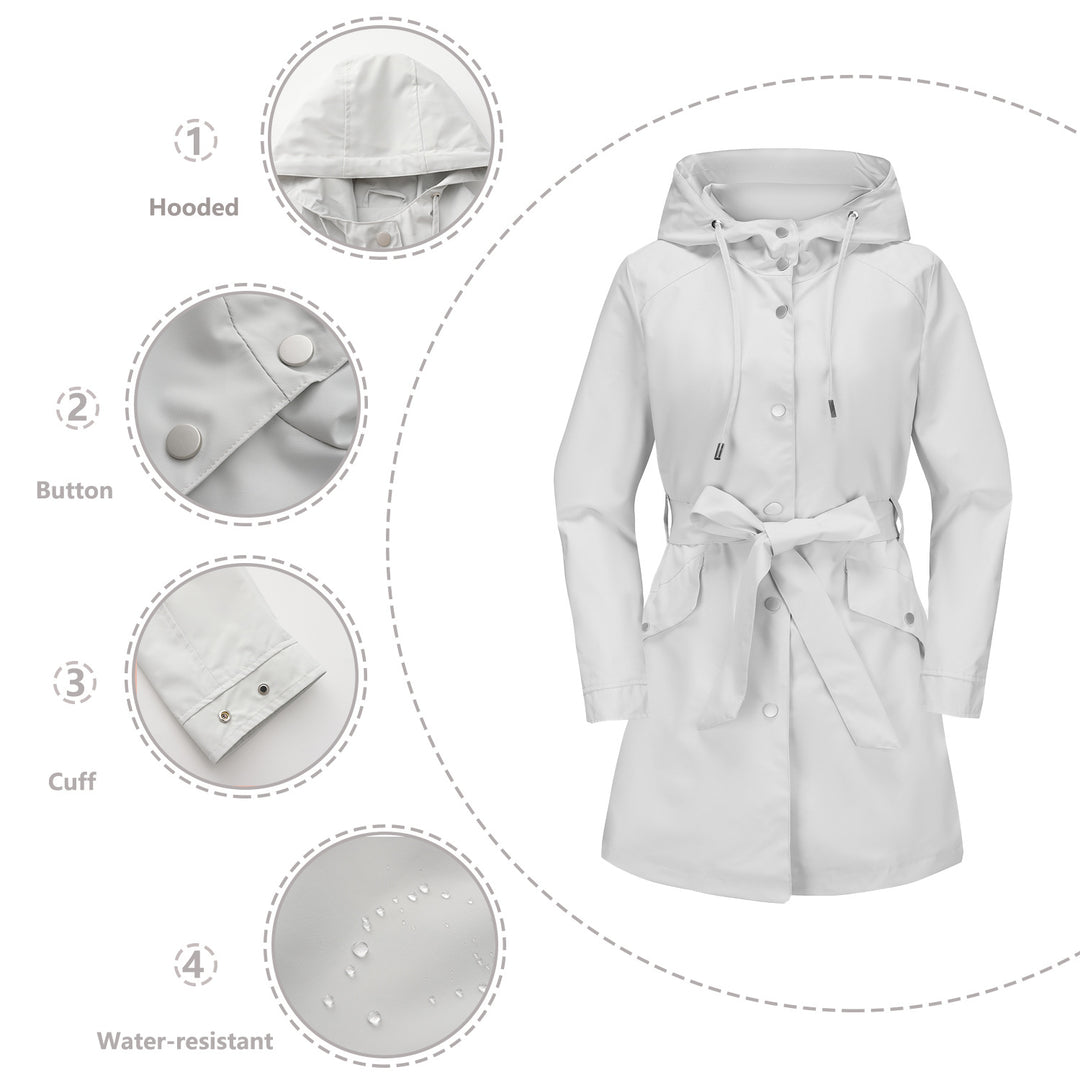 Women's waterproof transition jacket with adjustable hood and waist belt Chic and Style