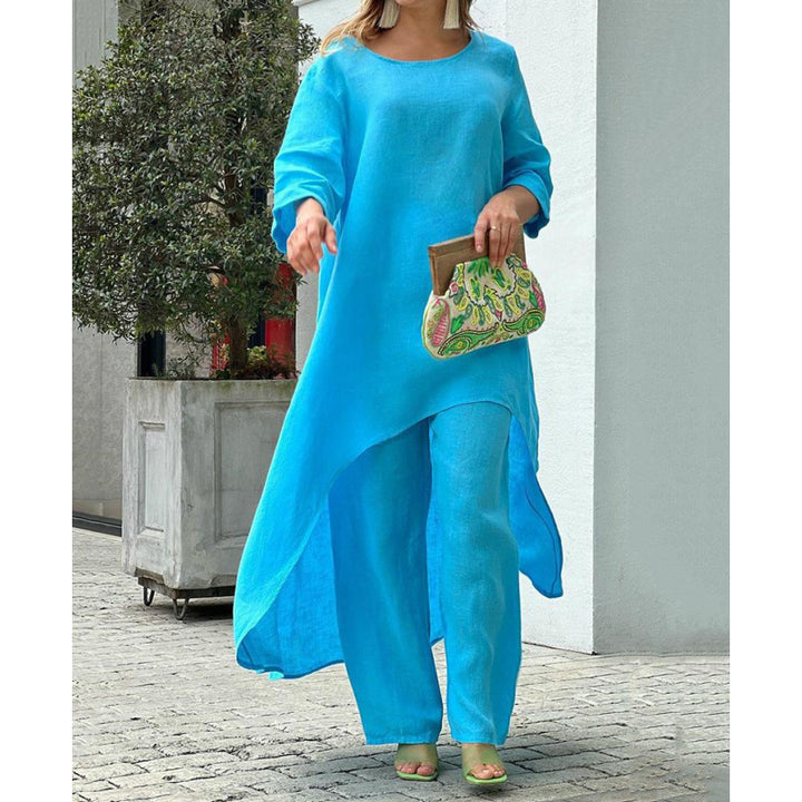 Asymmetrical elegant linen tunic set for women and Lune London pants