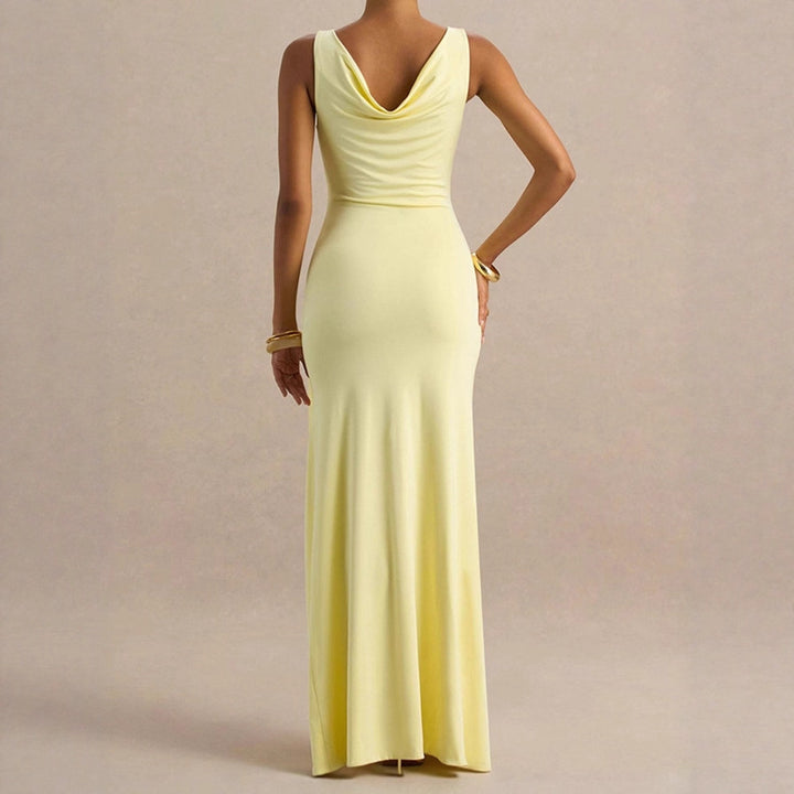 Elegant evening dresses for women with deep V-neckline and ruffle details on the sides Lune London