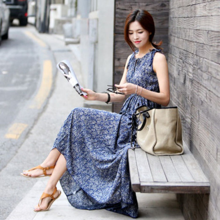 Bohemian maxi dress for women with pleated top and adjustable waist Lune London