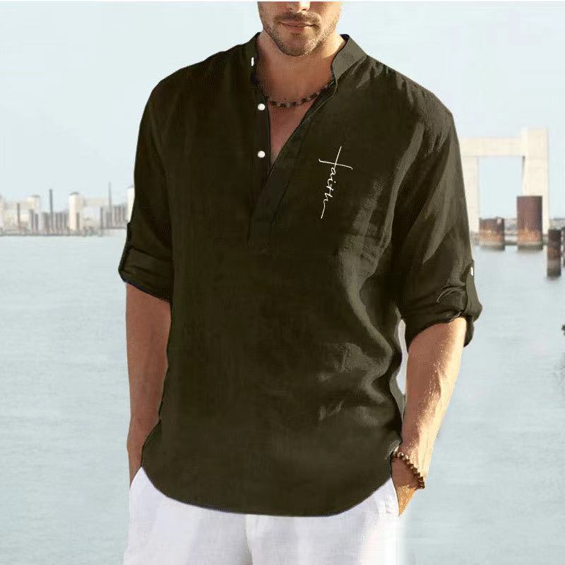 Casual linen shirt for men with a short stand collar and decorative button closure Lune London