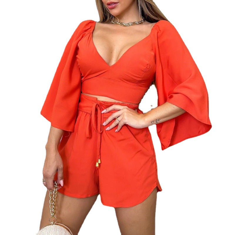 Ladies Elegant Bell Sleeve Crop-top and Chic Shorts Set