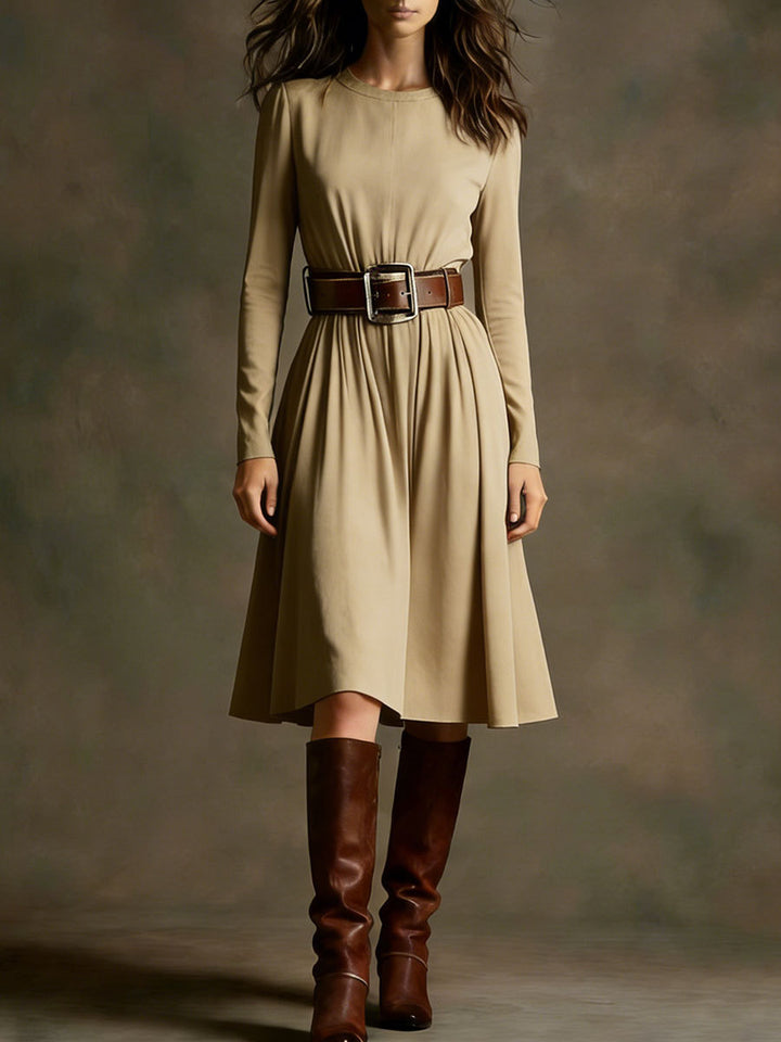Women Elegant Dress with Long Sleeve and Waist Belt Chic & Stil