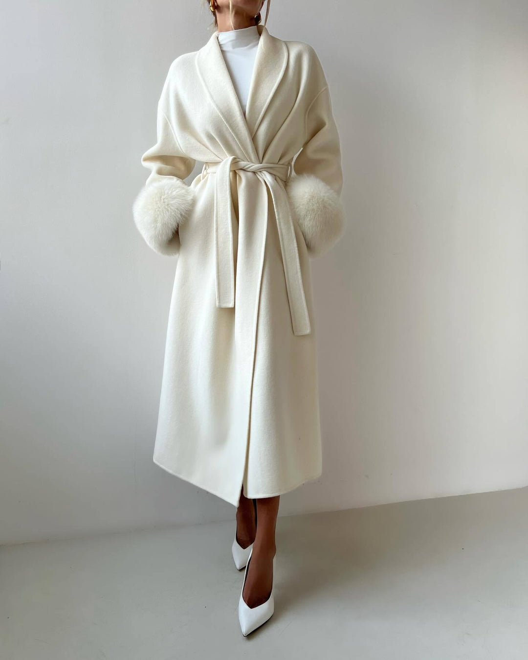 Ladies Elegant Long Coat with Removable Fur Sleeves Lune London