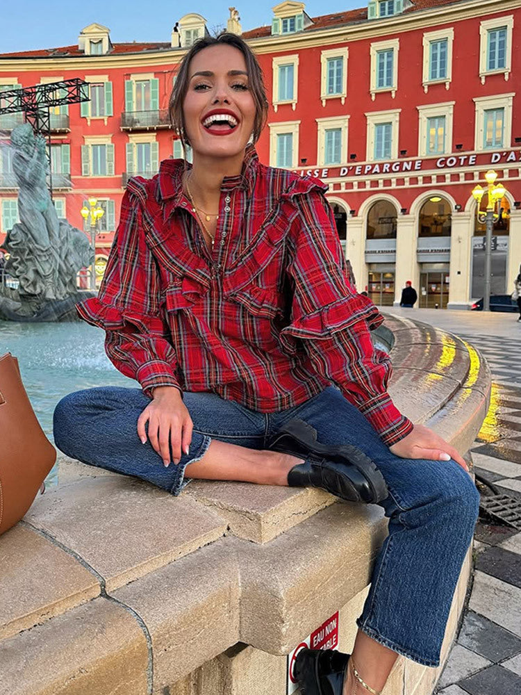 Women’s blouse with ruffle details and checkered pattern Lune London