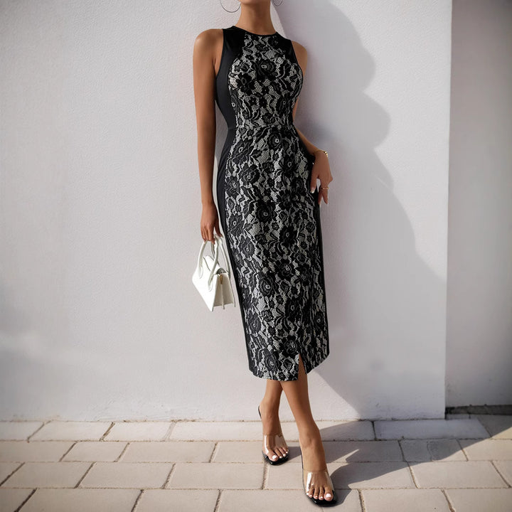 Elegant Midi Dress with Lace Detail and Chic Side Split
