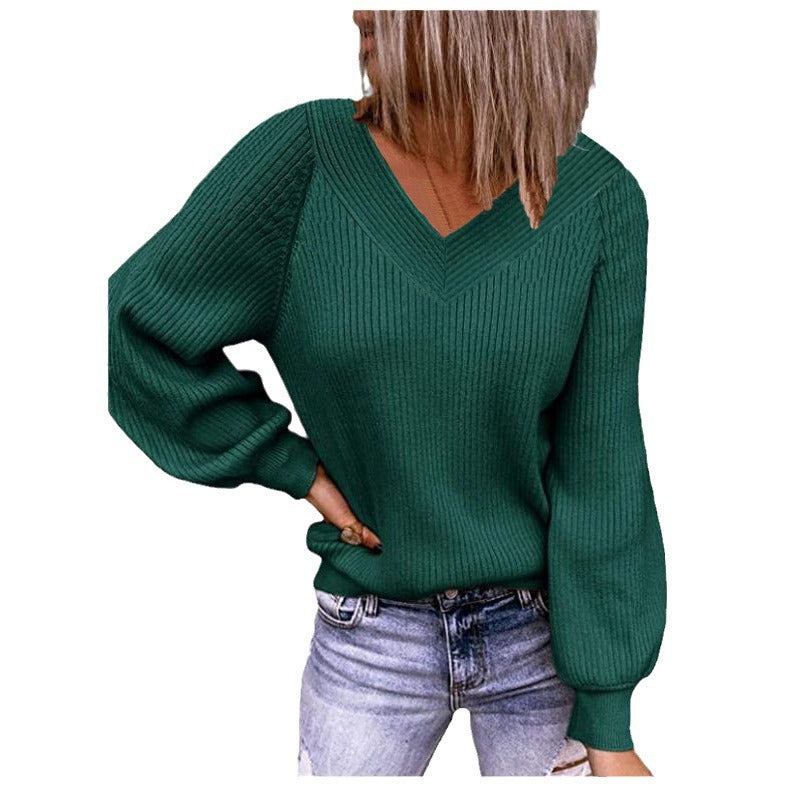 Knitted sweater for women with V-neck and puff sleeves Lune London