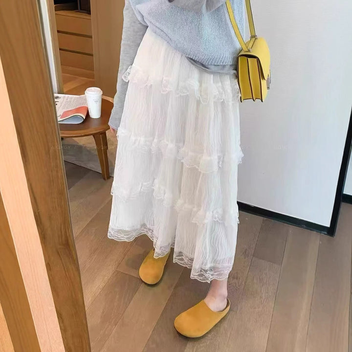 Long tulle skirt for women with a multi-layer lace trim Lune London