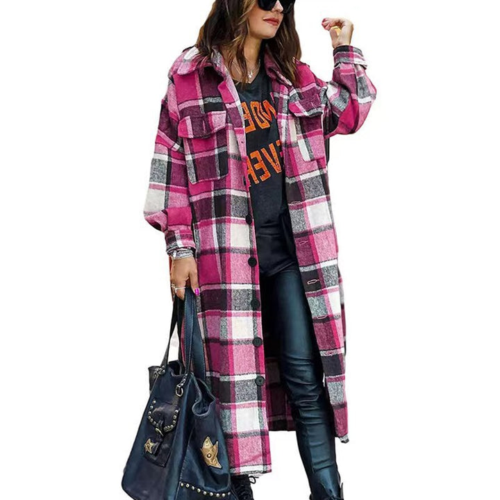 Ladies Long Sleeve Wool Coat with Plaid Pattern and Practical Pockets Lune London