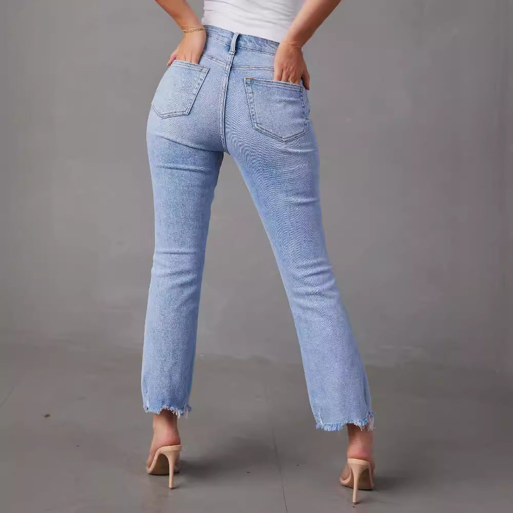 Women's high-waist jeans with trendy fringing and distressed details Lune London