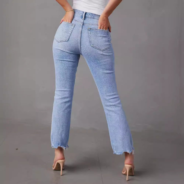 Women's high-waist jeans with trendy fringing and distressed details Lune London