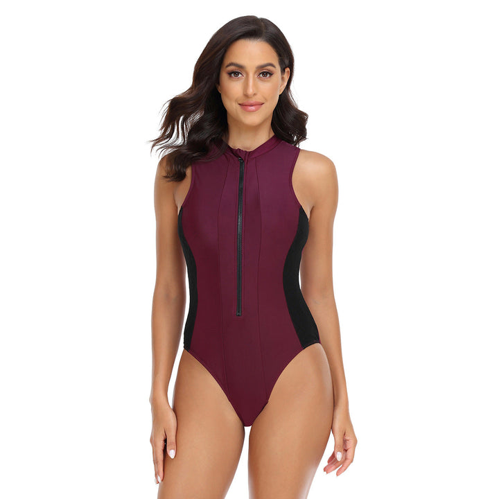 Women's sporty one-piece swimsuit with high collar and long zipper Lune London