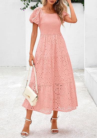 Maxi dress for women with decorative cut-out pattern and puff sleeves Lune London