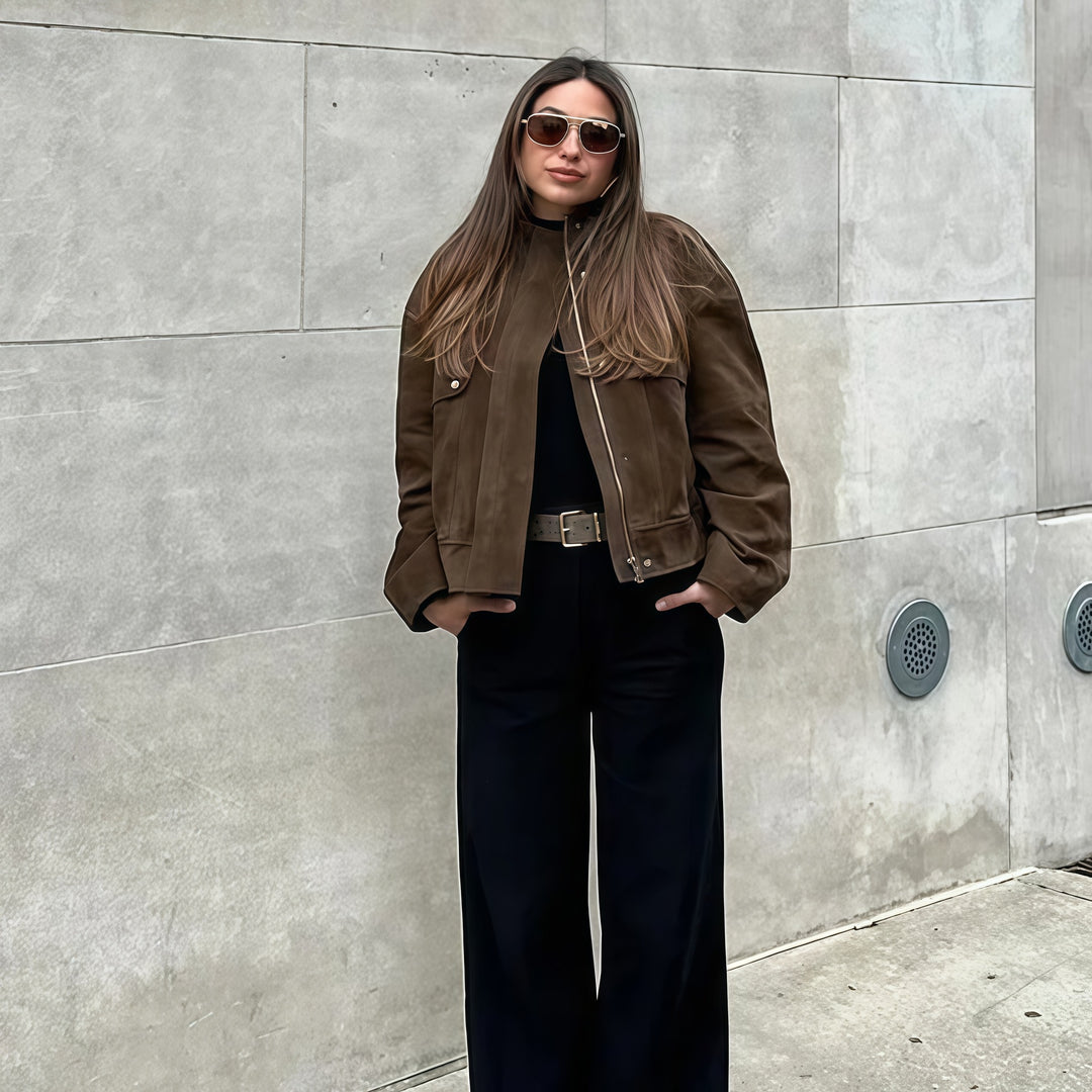Ladies Elegant Synthetic Leather Jacket with Modern Chic High Collar and Style