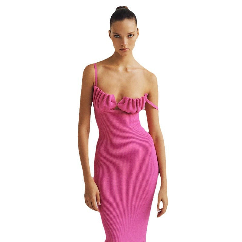 Lune London Women's Ribbed Knit Bodycon Midi Dress with Ruffle Detail