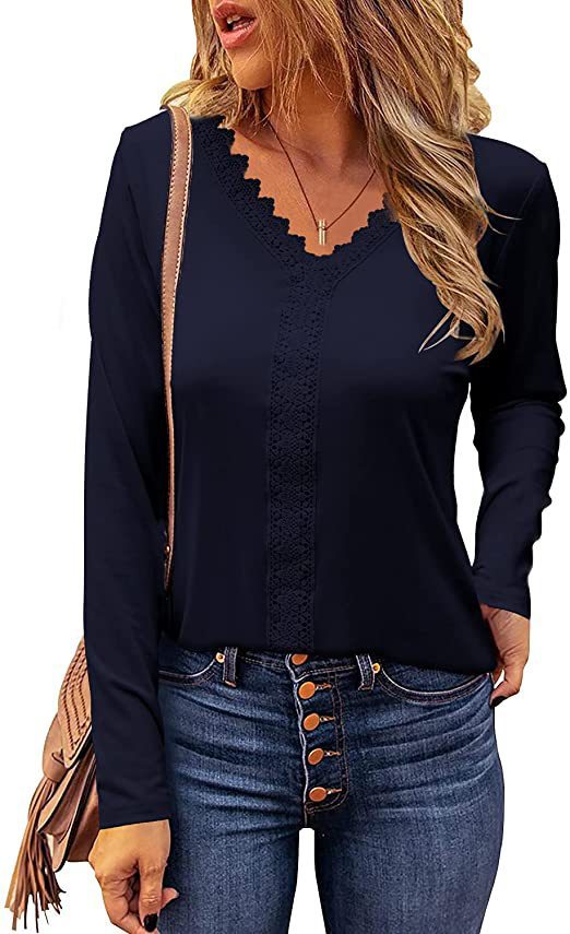 Ladies elegant long sleeve V-neck T-shirt with lace trim Lune London