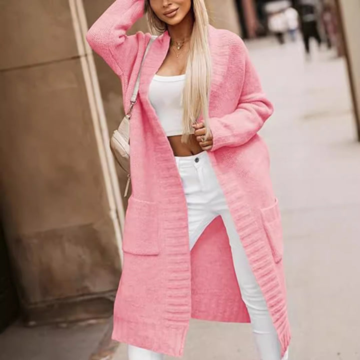 Long women's knitted coat with deep pockets and open cut Lune London