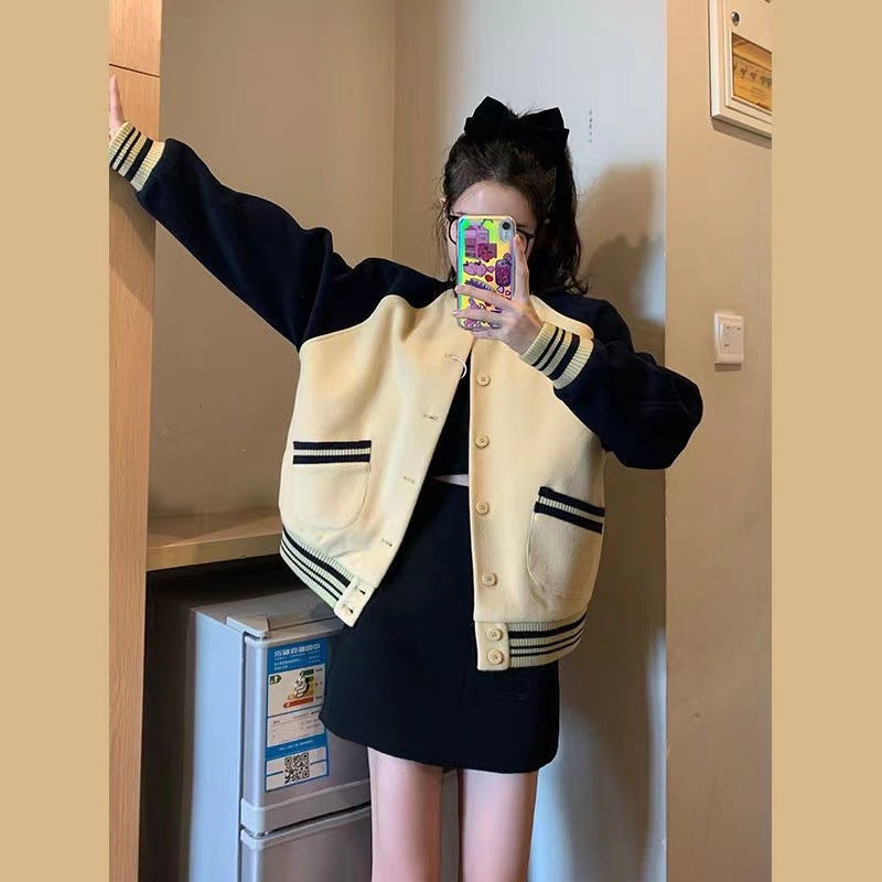 Women's Fashion Oversized College Jacket with Button Closure and Contrast Stripes Chic & Stil