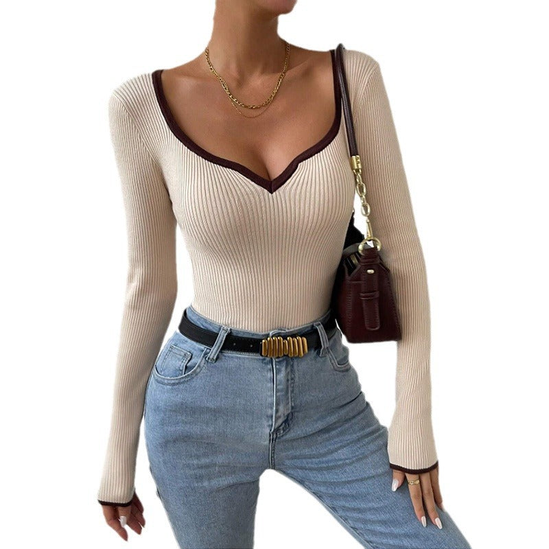 Ladies V-neck long sleeve body in ribbed knit Lune London