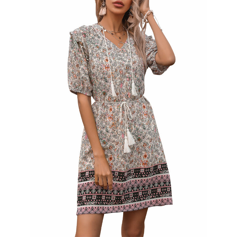 Short dress with short sleeves Women Bohemian style with fringe details Lune London