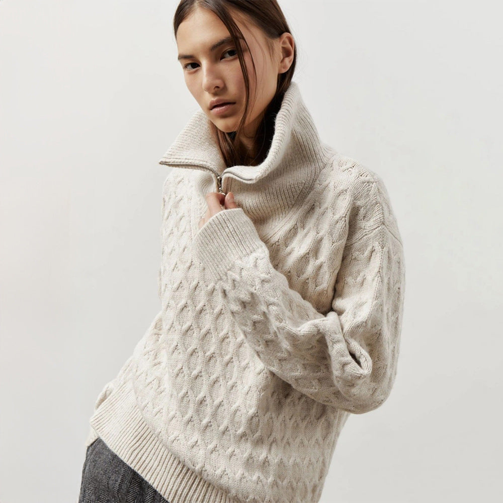 Pull Femme à Motifs avec Col Hauteur et Fermeture Éclair Chic & Stil