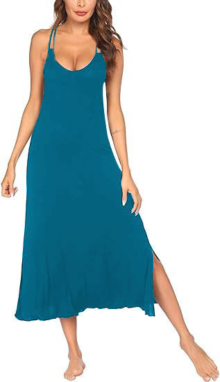Maxi dress for women with fine spaghetti straps and side slits Lune London