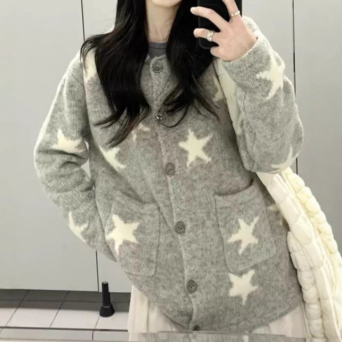 Knitted women's jacket with star pattern and practical pockets Lune London