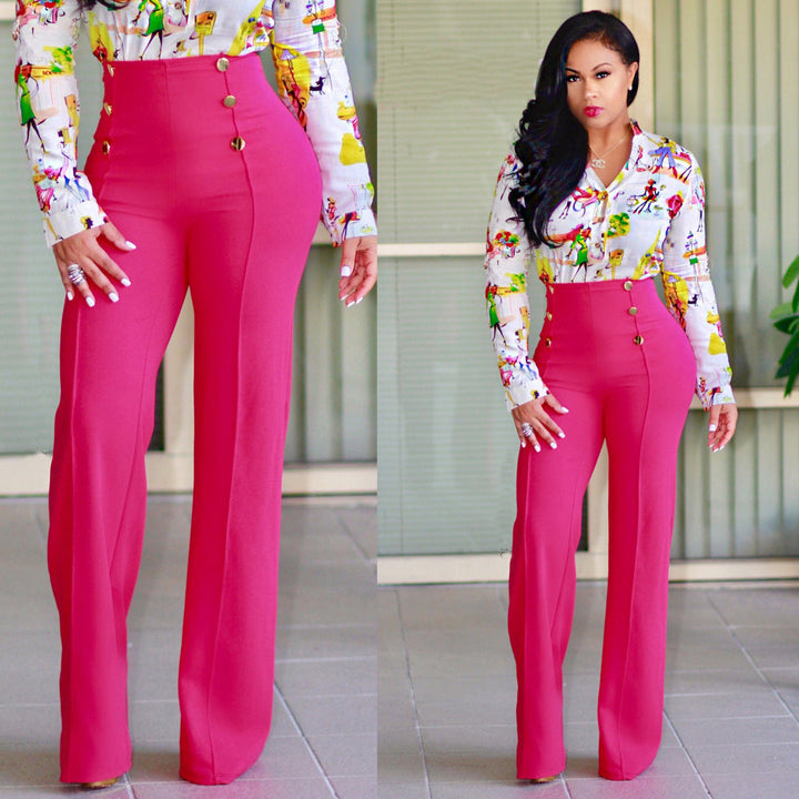 Women High-Waisted Palazzo Pants with Decorative Button Details Lune London