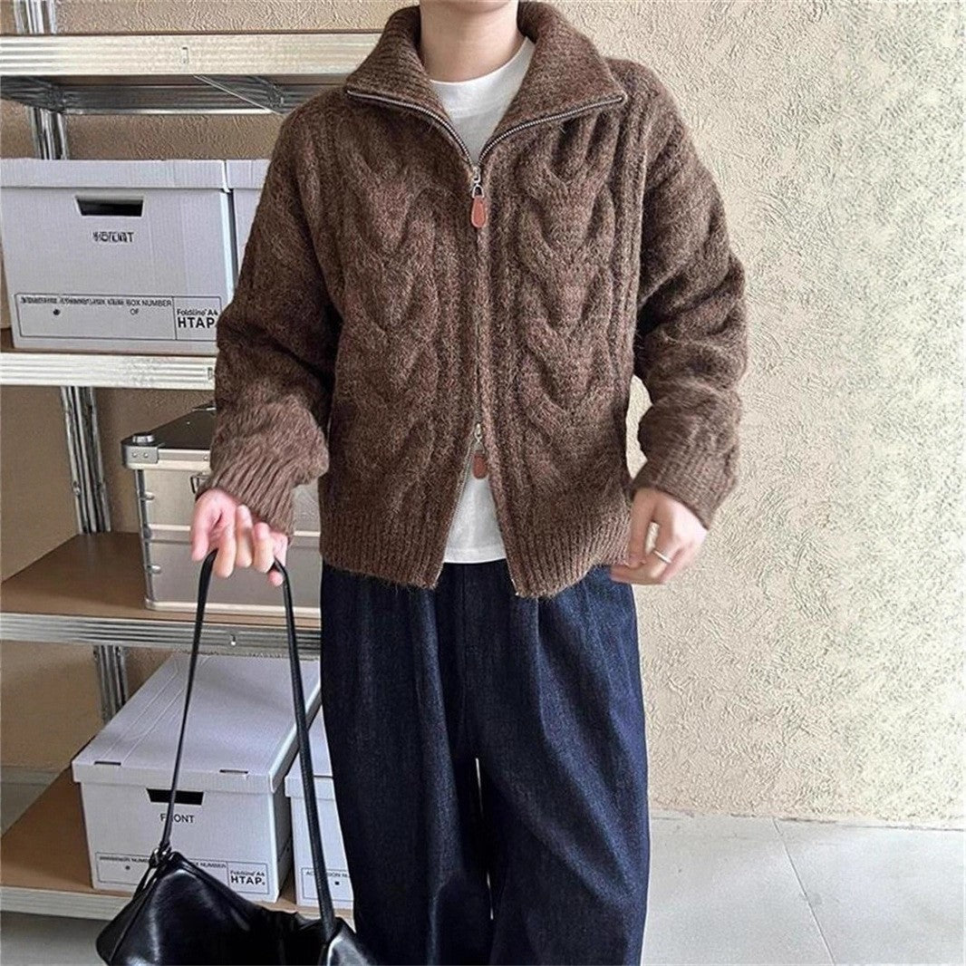 Cardigan femme en tricot épais avec col montant et motifs en câble modernes Chic & Stil